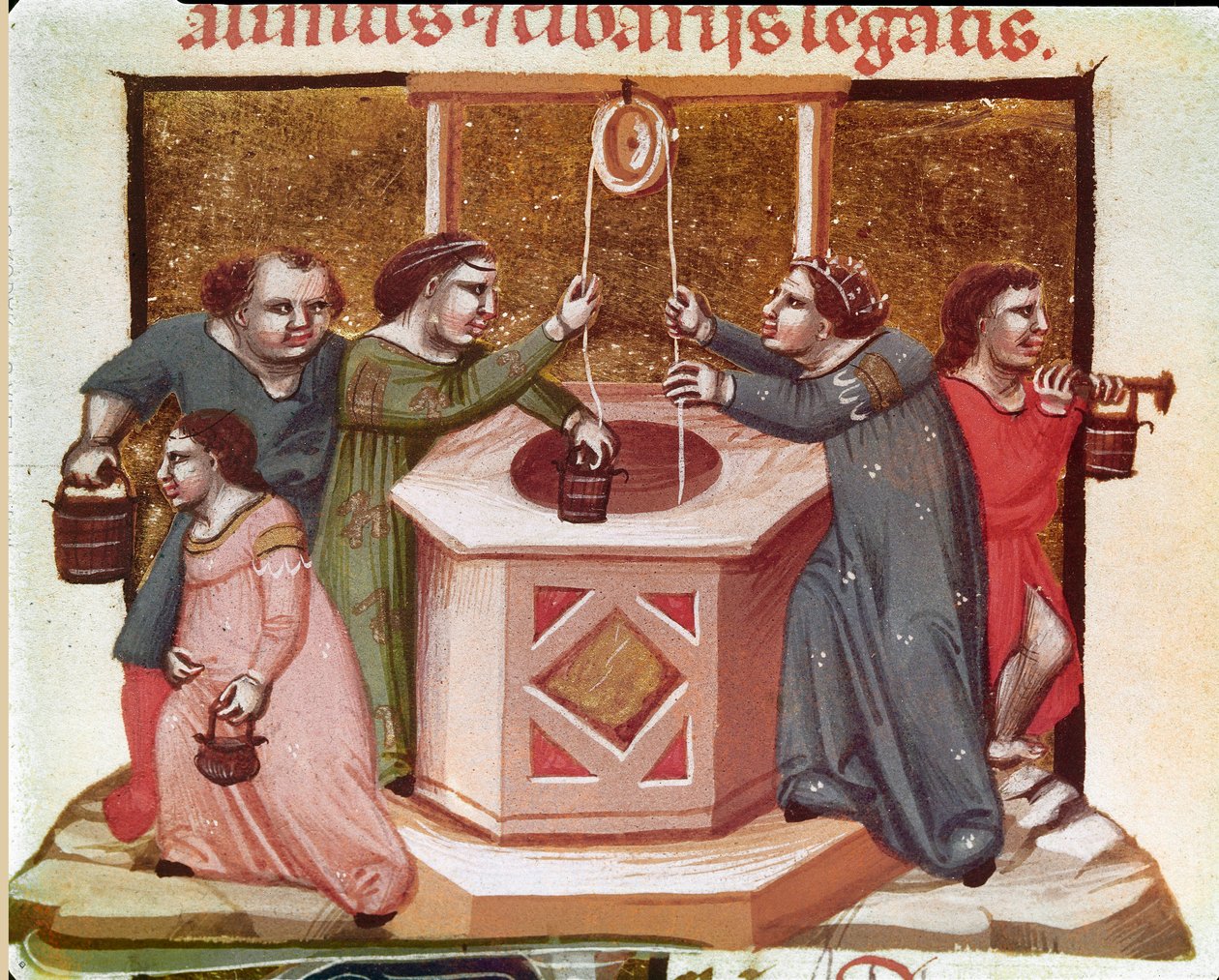 Falusiak vizet vonszolni a kútnál Miniatűr a Justinianus-kódexből (Codex Justinianus), I. Justinianus bizánci római császár (483-565) alatt kiadott törvények és intézmények gyűjteménye alkotó: Unknown artist