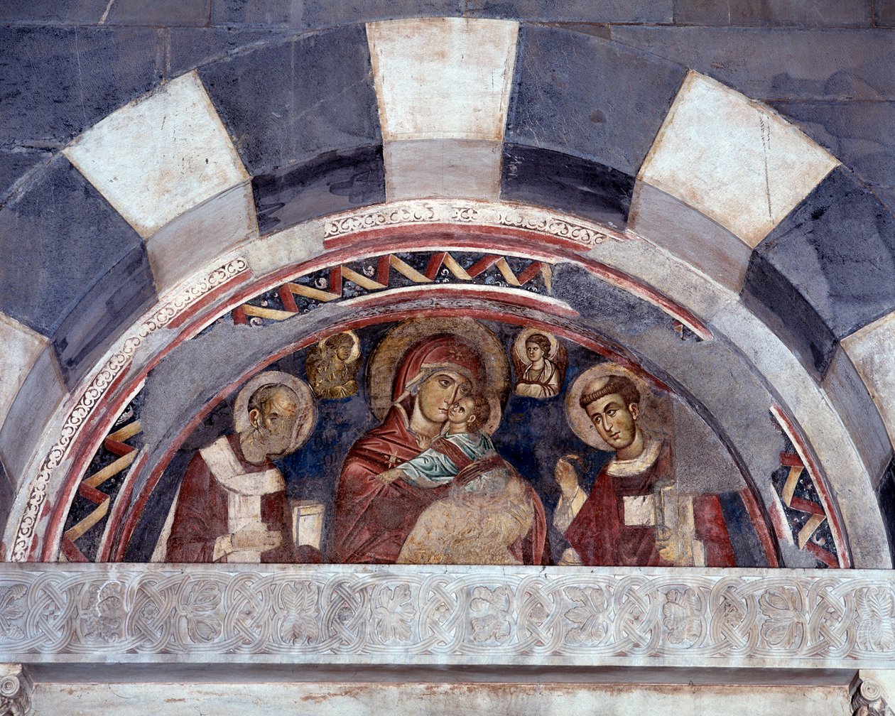 Szűz Szent Miklós és Szent Lőrinc között (freskó alkotó: Unknown artist