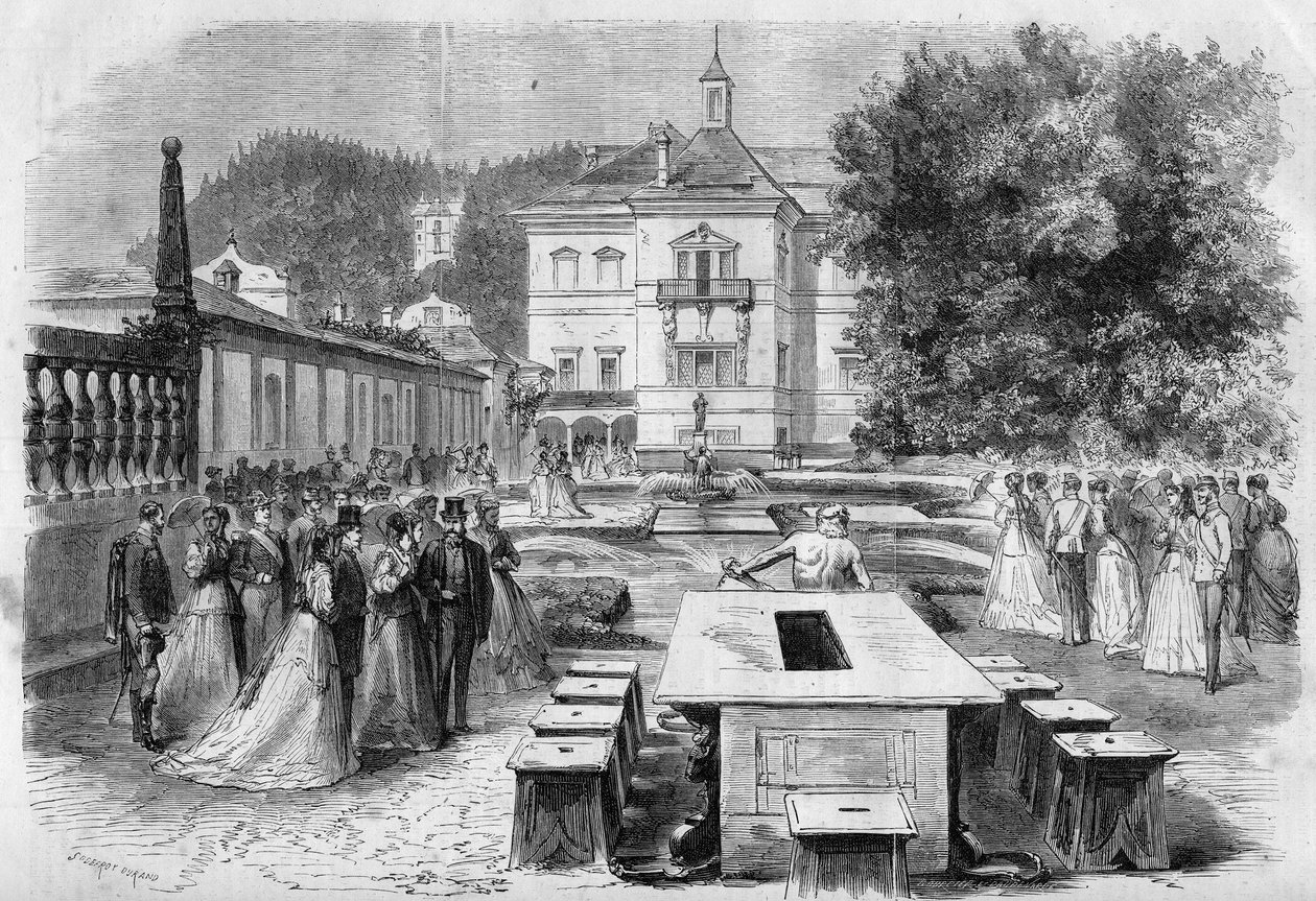 Francois-Joseph császár (1830-1916) és Erzsébet osztrák impresszió (Sissi) (1837-1898) Eugenie-vel (1826-1920), a franciák impresszumával és III. Napóleon látogatása augusztus 21-én az ausztriai Hellbrunn császári rezidencián. alkotó: Unknown artist