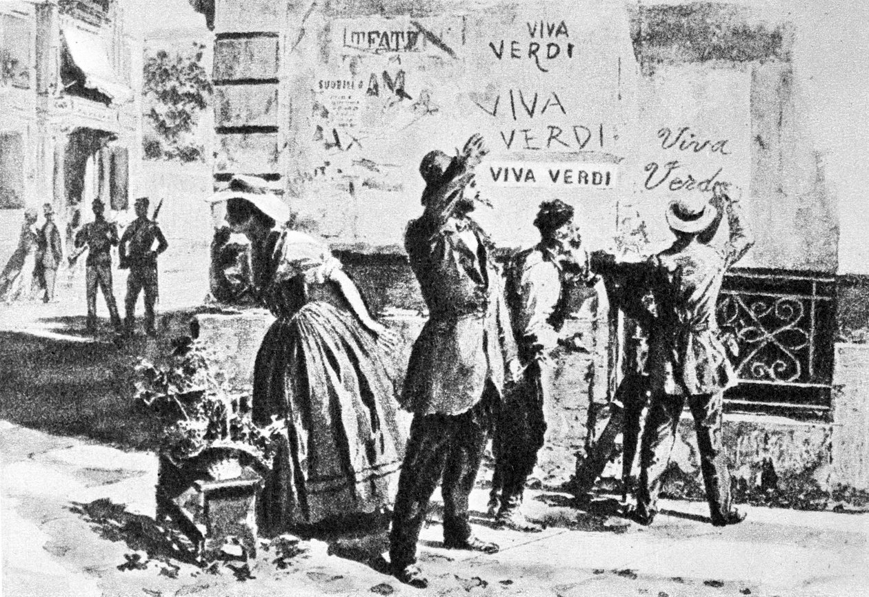 Viva Verdi: Giuseppe Verdi lelkes feliratai Nápolyban (a két szicília királysága) az osztrák megszállás alatt 1859-ben, az „Un Ballo in maschera” (V.E.R.D.I. (VERDI) = Vittorio Emanuele Re d