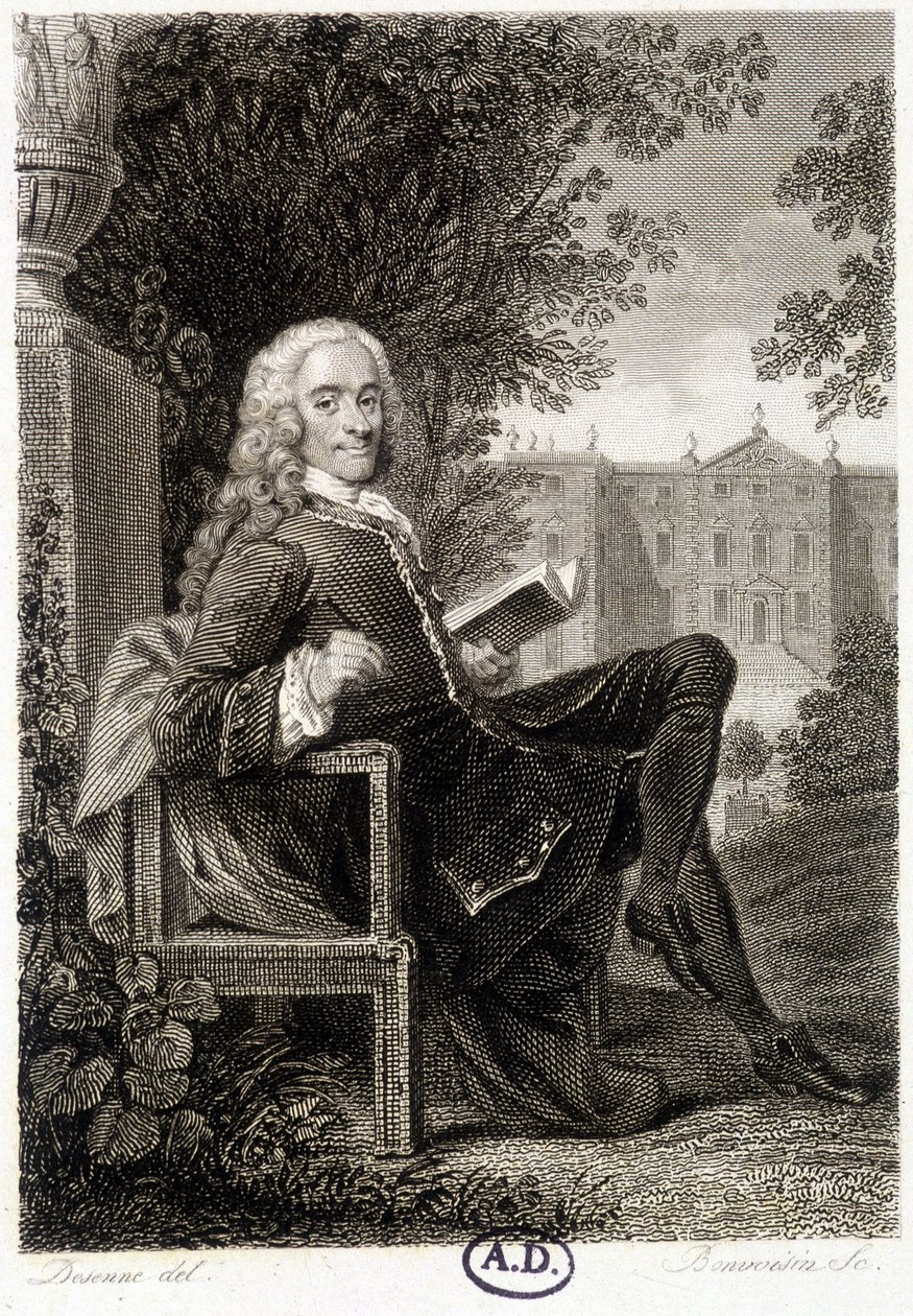 Voltaire egy parkban olvas - metszet alkotó: Unknown artist