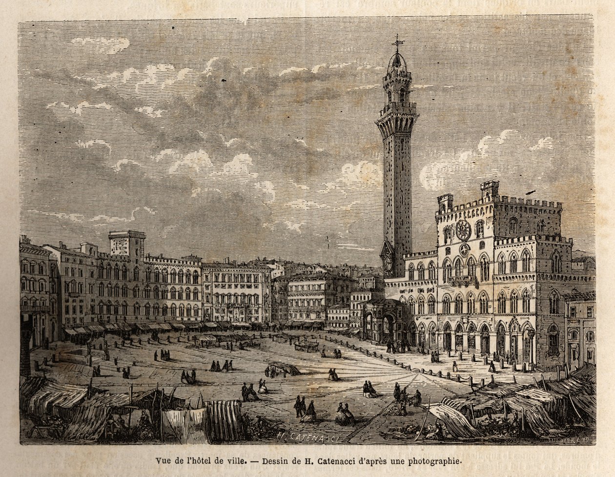 A sienai városháza tér látképe, egy 1865-ös sienai (Olaszország) utazást illusztráló metszet az Edouard Charton irányítása alatt megjelent „Le tour du monde, nouveau Journal des voyages” című kiadványban. alkotó: Unknown artist