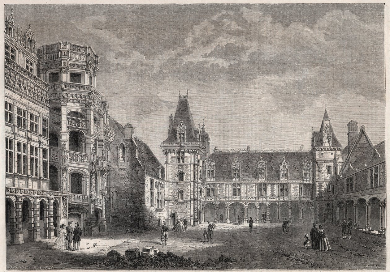 A blois-i kastély külső képe a monumentális lépcsőházzal - "" Le Monde Illustrie" metszet" alkotó: Unknown artist