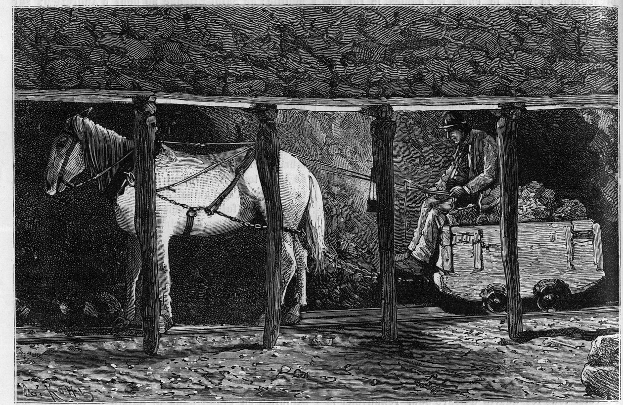 A Wagonnet a walesi szénbányákban dolgozik. Metszet a „Le journal de la jeunesse”-be alkotó: Unknown artist