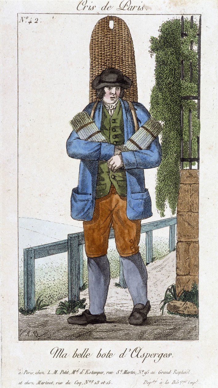 Sétáló spárgacsizma-kereskedő - „” Cris de Paris”-ban”, deb. 19. század alkotó: Unknown artist