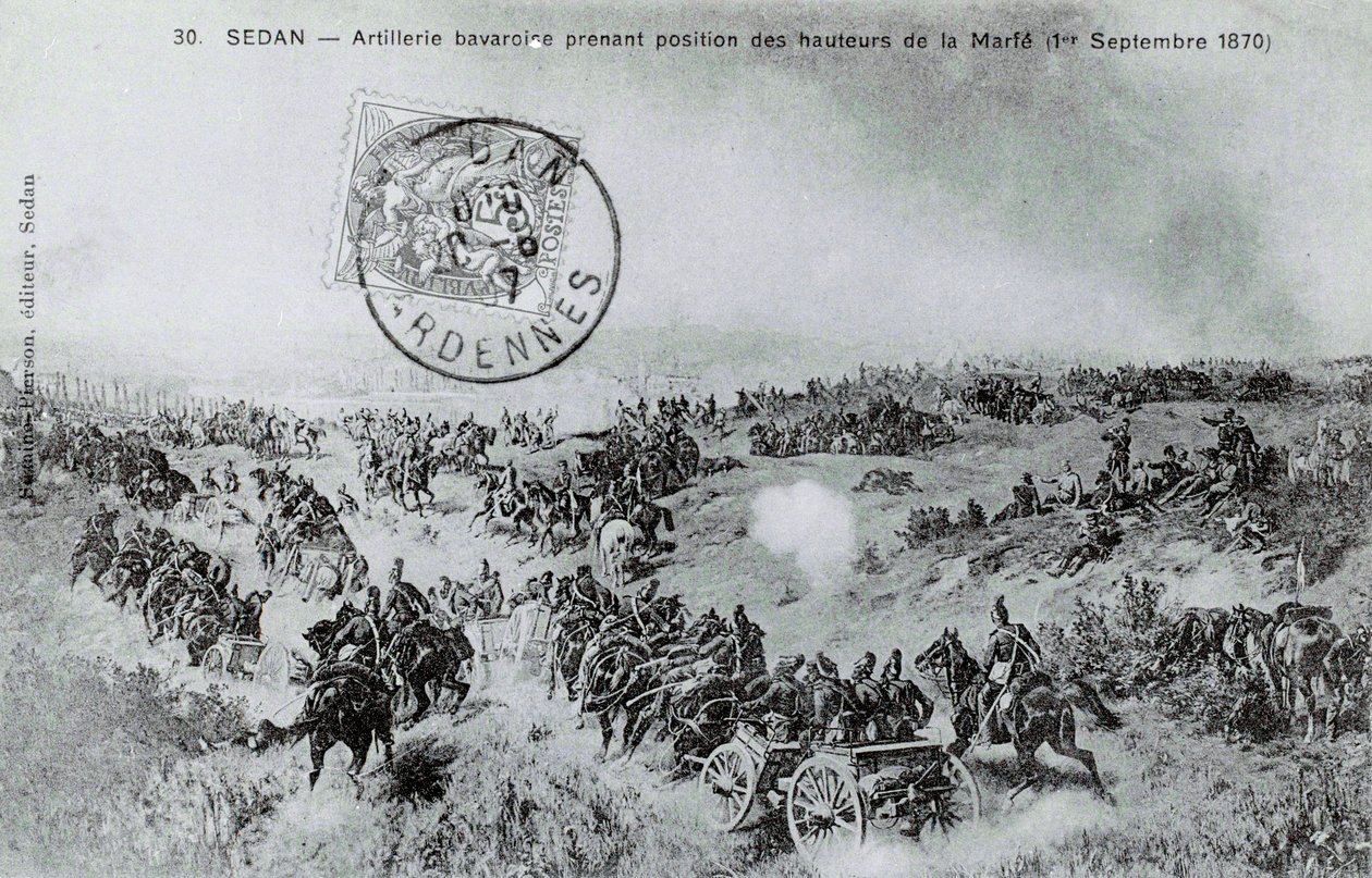 1870-es háború: A bajor tüzérség állást foglal a Marfe magaslatairól az Ardennekben, 1870.09.01. Metszet 1870-ből alkotó: Unknown artist