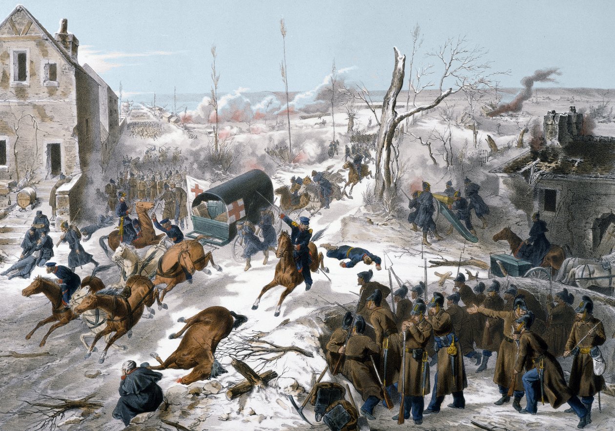 1870-es háború Franciaország és Poroszország között: Vöröskereszt a bapaume-i csata során Pas de Calais-ban 1871.01.2-án és 3-án, amely során a Faidherbe tábornok vezette északi hadsereg győzött a poroszok ellen. alkotó: Unknown artist