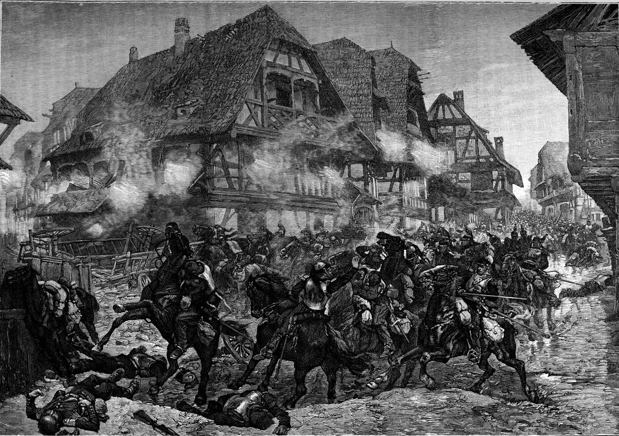 1870-es háború: a 8. és 9. csatahajó rohama Morsbronn (Elzász) utcáin. Metszet a „” Le Journal de la jeunesse”-be alkotó: Unknown artist