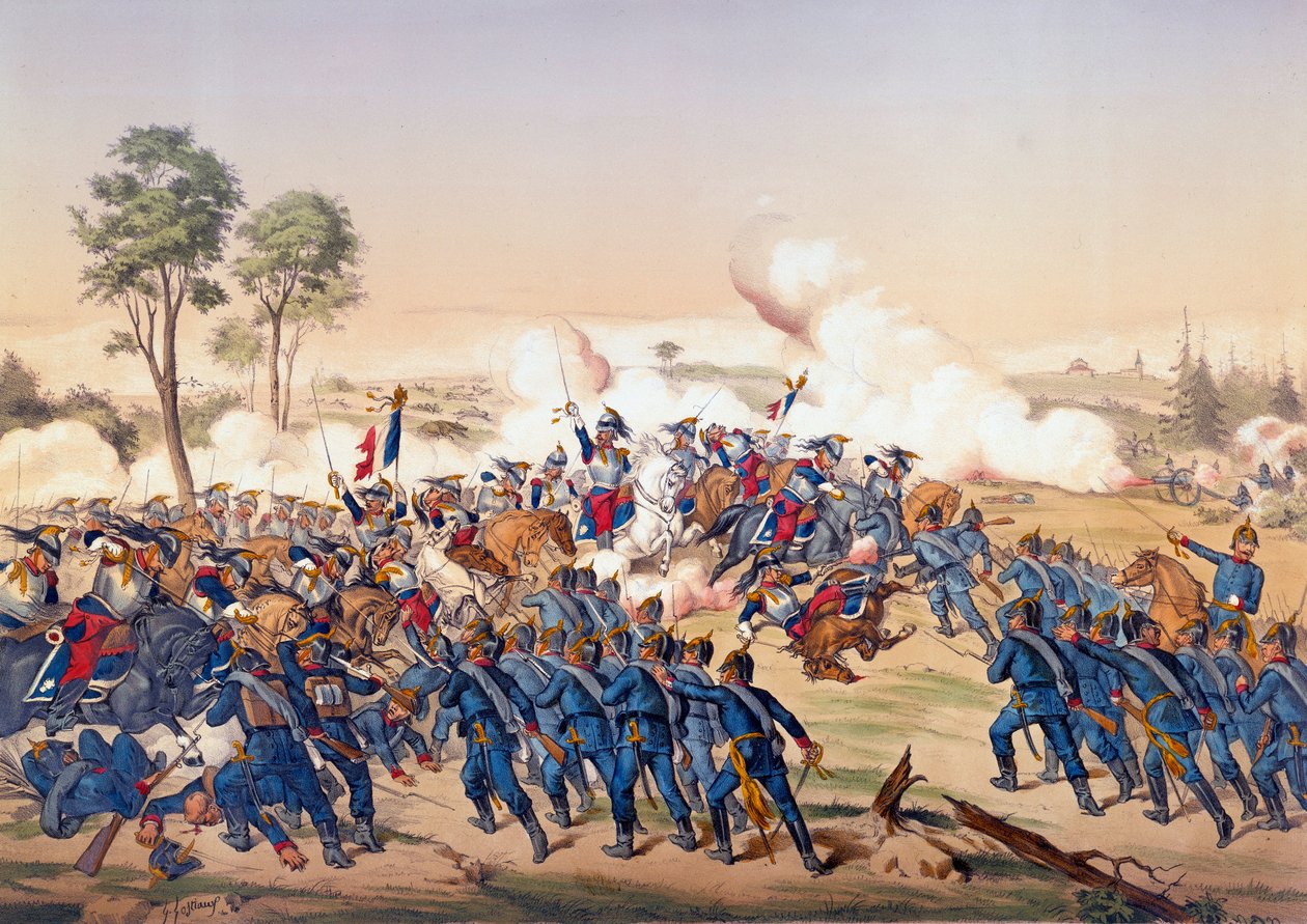 1870-es háború: a csatahajók támadása a Froeschwiller Woerth-i csatában (Froeschwiller-Woerth) 1870. 06. 08-án, amelyen Németország győzelme volt – 1870. litográfiája. Paris, NL alkotó: Unknown artist