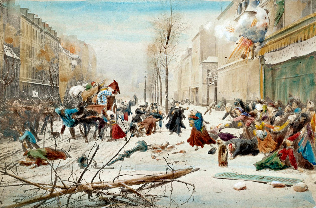 1870-es háború: Párizs ostroma 1870-ben, a poroszok bombázása. Párizs lakói hó alatt hagyják el a bombázott területeket. századi akvarell. Párizs, Musee de l
