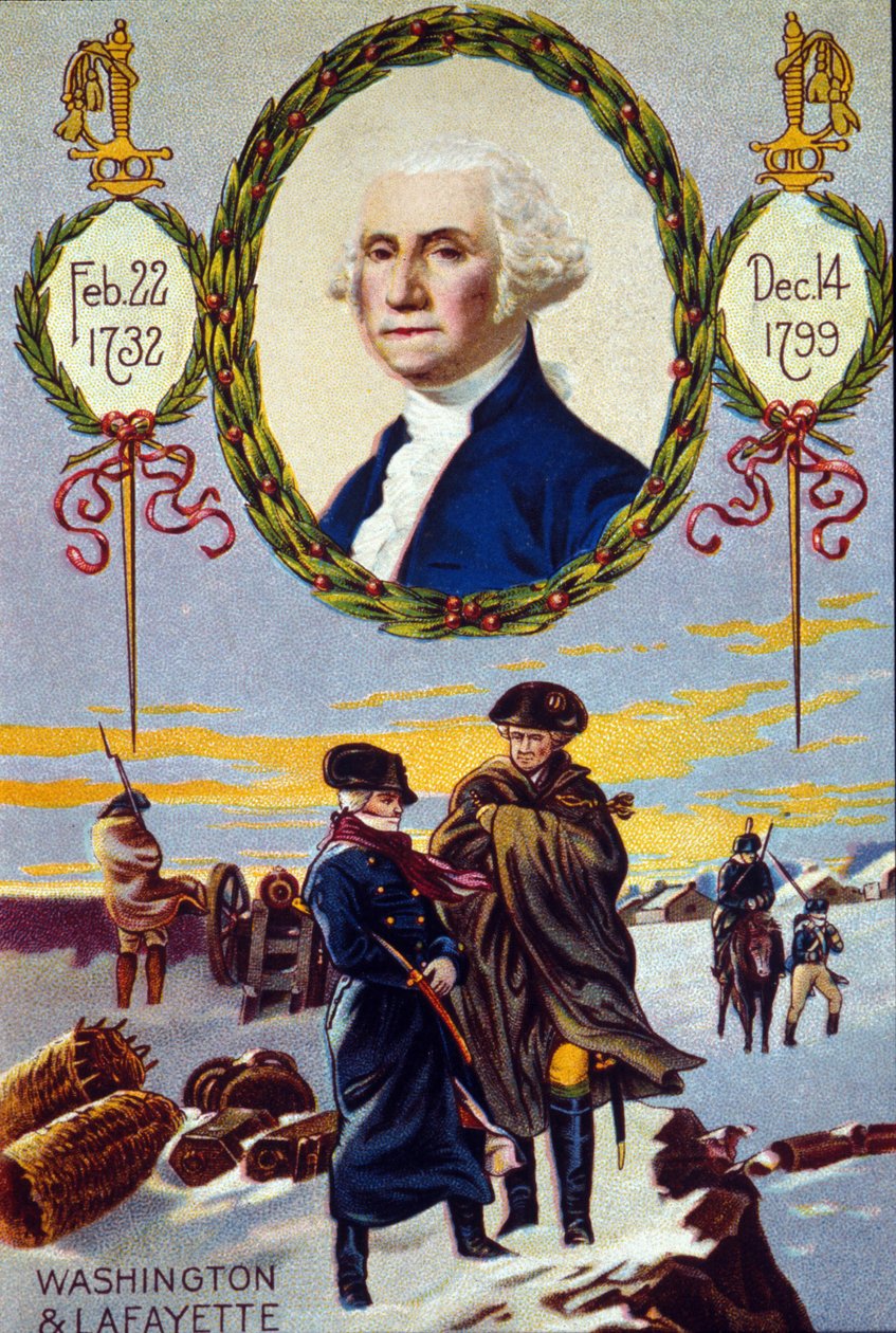 Az Egyesült Államok függetlenségi háborúja: Lafayette márki (1757-1834) találkozott George Washingtonnal (1732-1799) Valley Forge-val, hogy segítsen neki 1777-ben. 19. századi kromolitográfia alkotó: Unknown artist