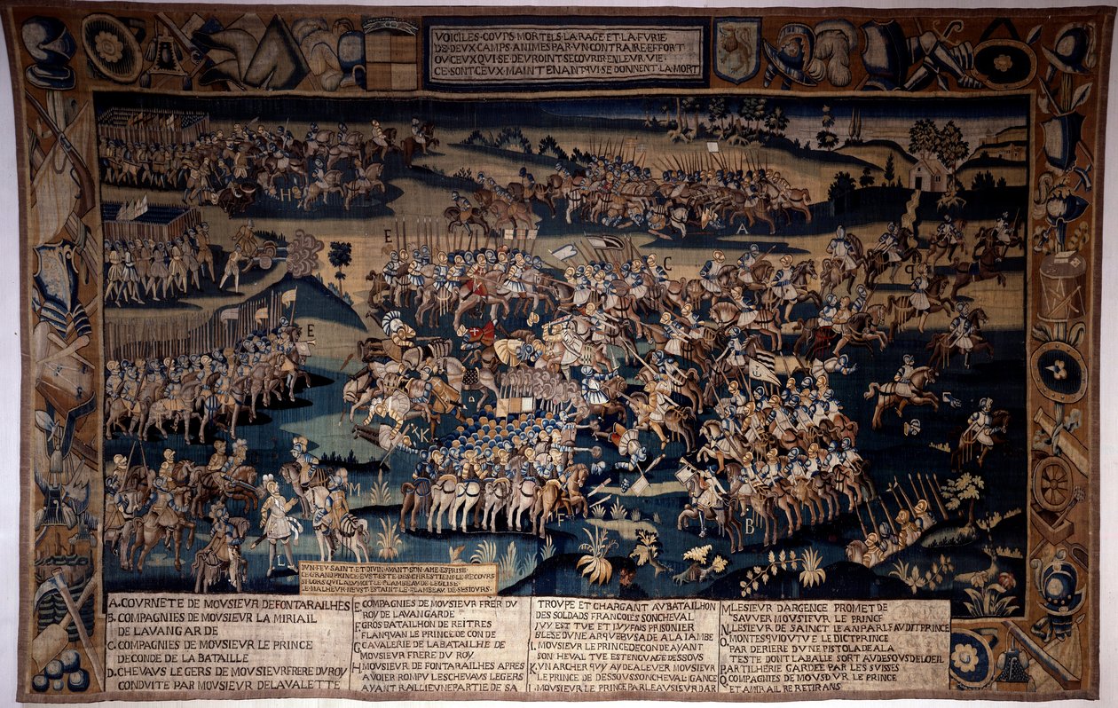Vallásháború: „” A jarnaci csata, I. Bourboni Lajos, Conde hercege (Bourbon-Conde) halála (1530-1569)”” 1569. március 13-án szembehelyezkedik Conde hercegének protestáns hadseregével hogy az Anjou herceg által vezényelt francia királyé. Gobelin alkotó: Unknown artist