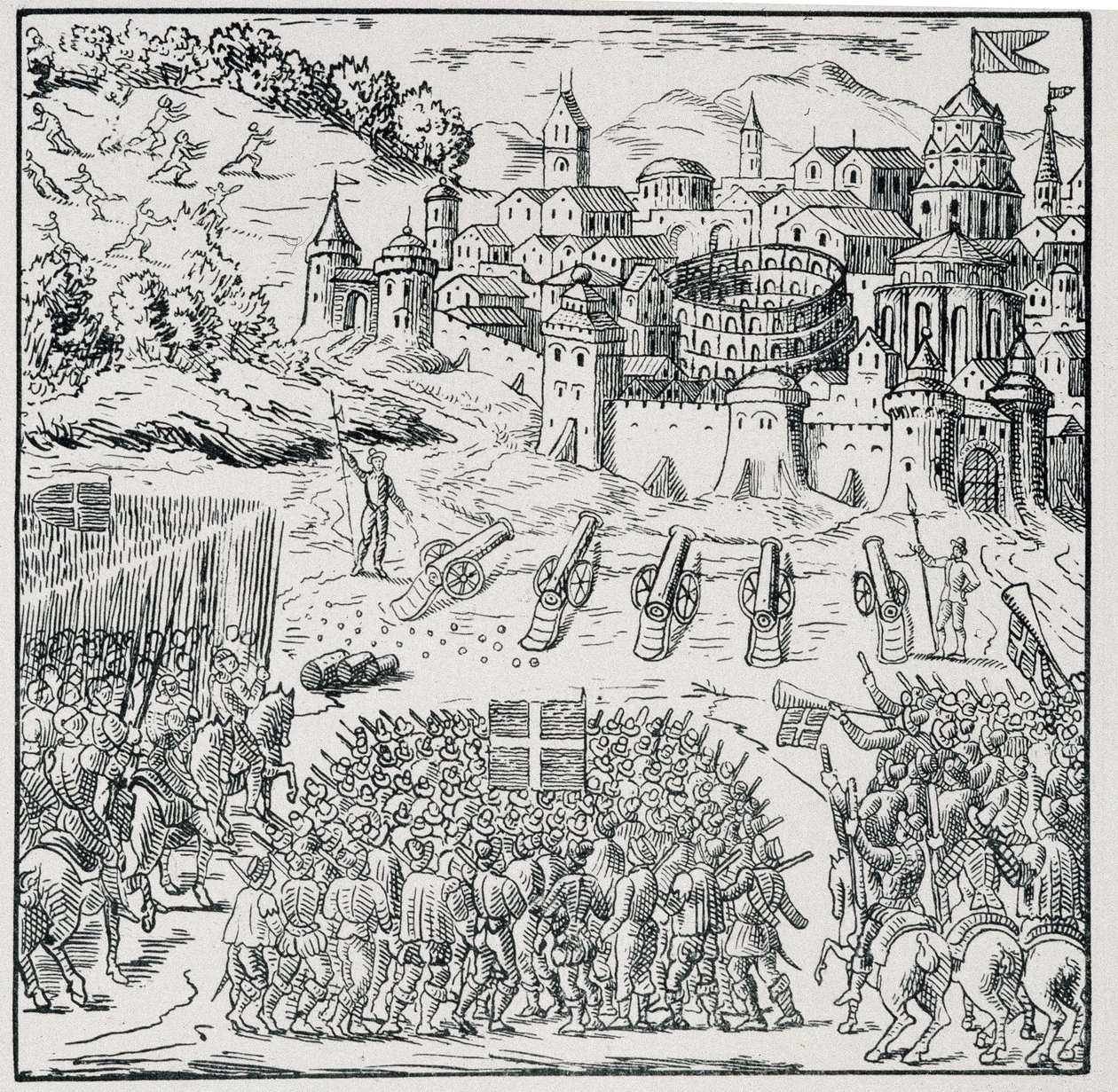 Vallásháború: Nîmes városa, amelyet a Király Armee (III. Henrik) ostromlott 1576-ban - a „39 figurából álló gyűjteményben, amely Franciaország 1562-1586 közötti csapásait ábrázolja””, Louis Perrin imprim. alkotó: Unknown artist