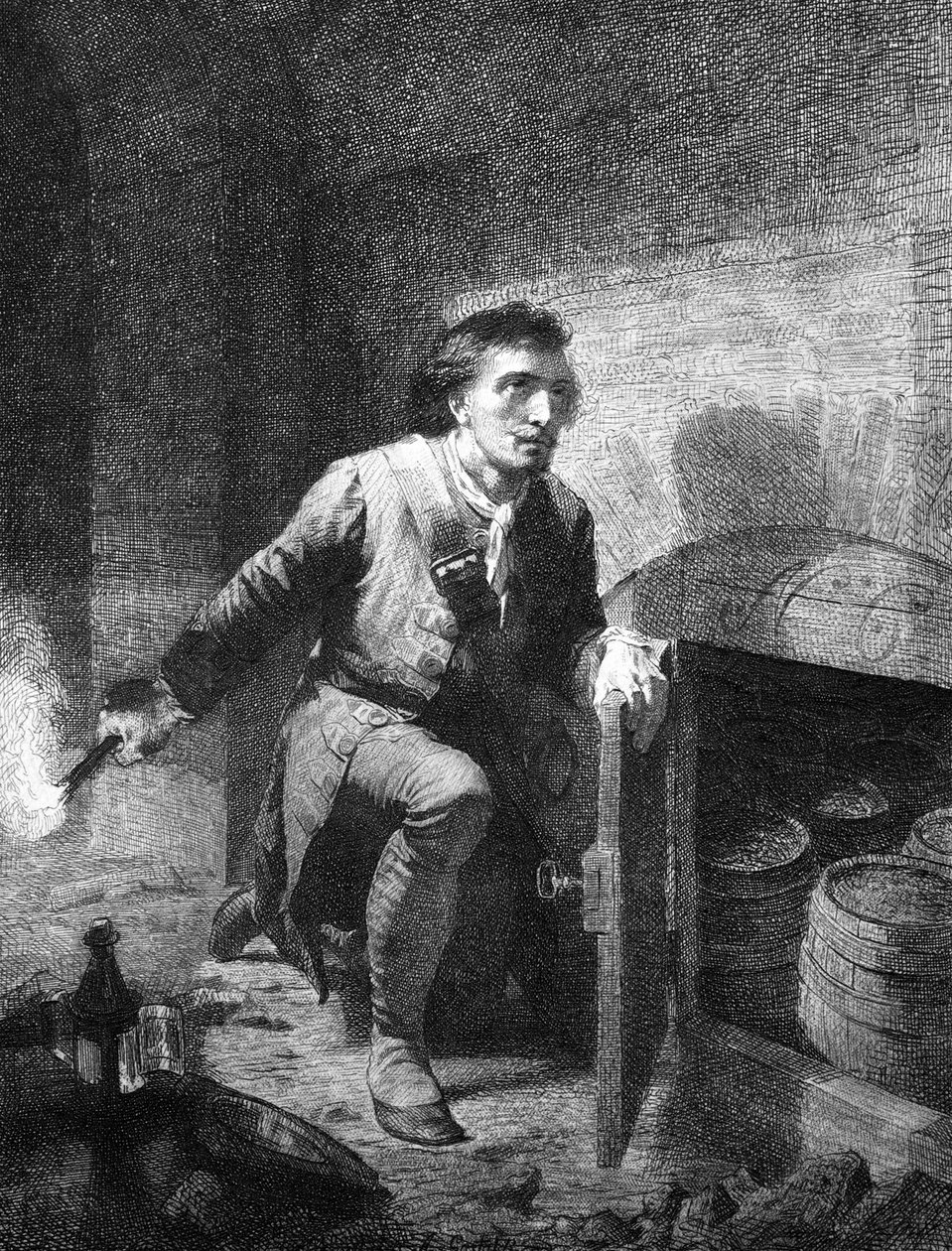 Spanyol örökösödési háború: Pietro (Pierre) Micca (1677-1706) piemontai bányász katona ábrázolása egy porhordót fogott el, hogy megakadályozza a francia katonák bejutását a fellegvár pincéjébe Torinó ostrománál 17-ben. alkotó: Unknown artist