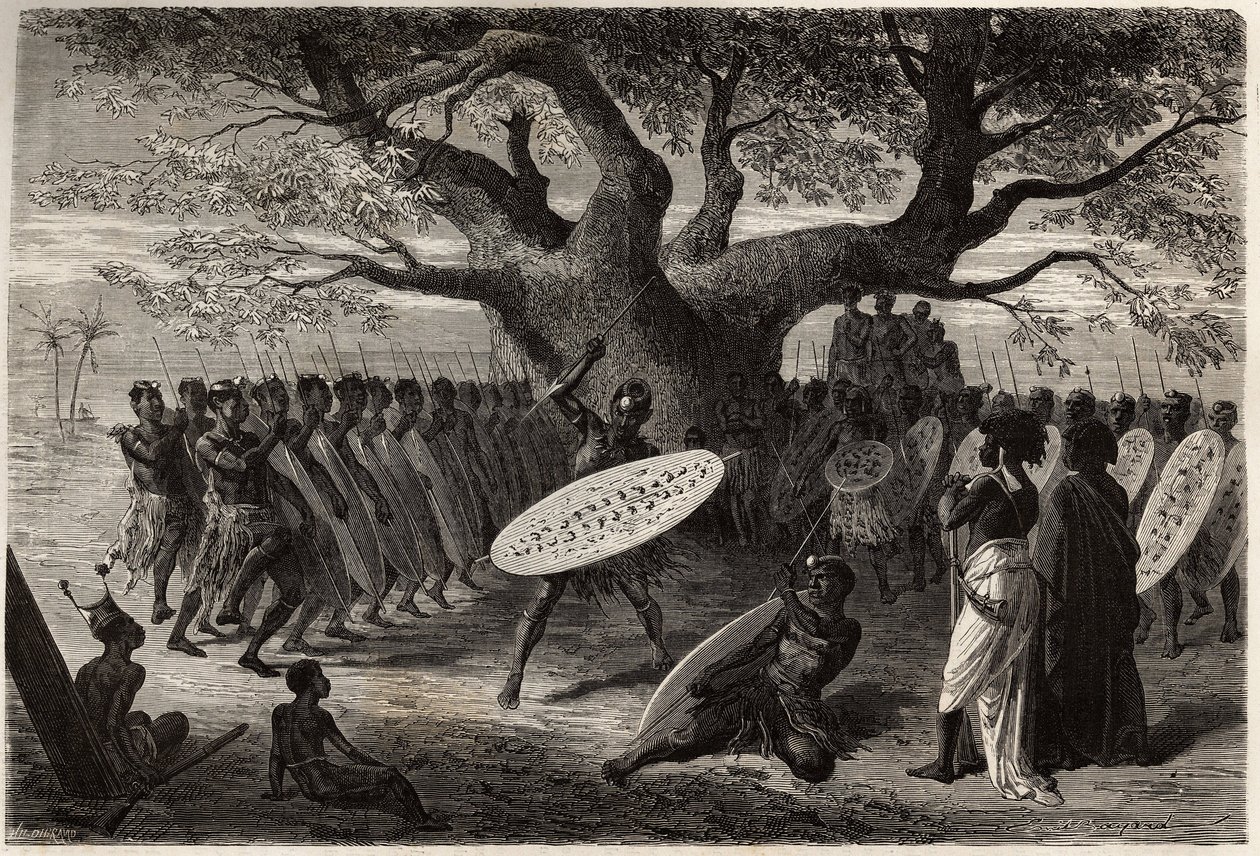 A Landine vagy a caffres-zulus, a Sena harcos gyakorlatai (Zambese folyó régiója, Mozambik). Metszet Dr. Livingstone első dél-afrikai útjainak illusztrálására 1840 és 1856 között, a „Le tour du monde, nouveau Journal des voyages” című kiadványban. alkotó: Unknown artist