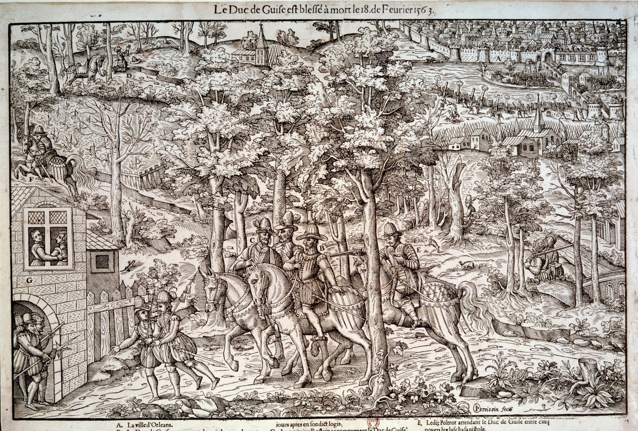 Vallásháborúk 1562-1598 “” I. Francois Lotaringiai (1519-1563) Guise második hercegének meggyilkolása 1563.02.18-án. A katolikus vezetőt Jean de Poltrot de Mere vagy Merey kálvinista ölte meg. századi metszet. Paris, B.N. alkotó: Unknown artist