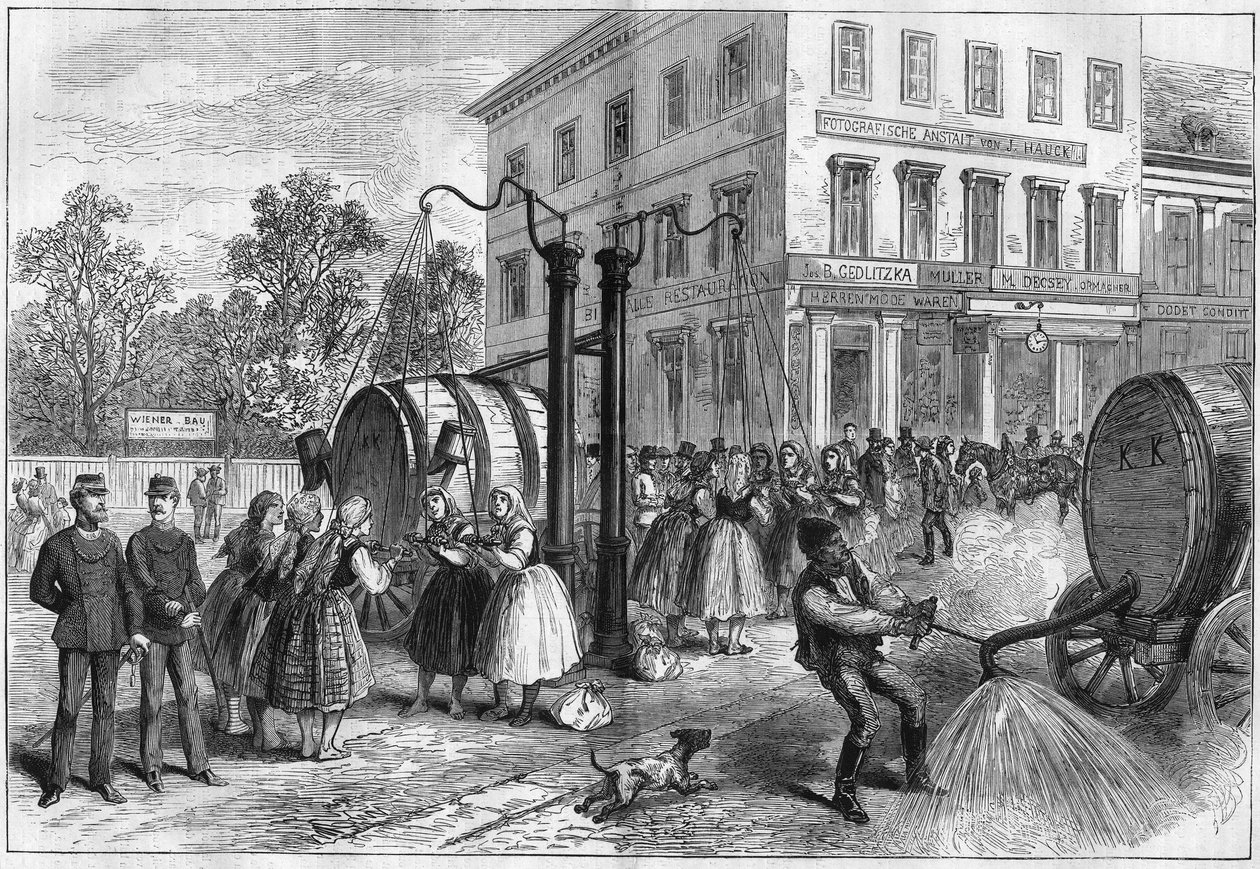 Öntözőrendszer Bécs utcáin, Ausztriában 1873-ban. alkotó: Unknown artist