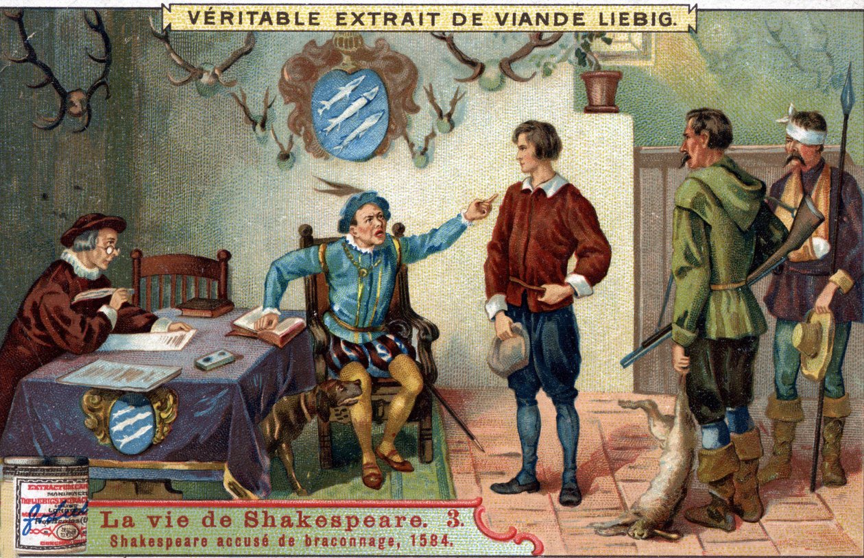 William SHAKESPEARE (1564-1616) orvvadászattal vádolják 1584-ben. Chromo liebig a 19. század végéről. alkotó: Unknown artist