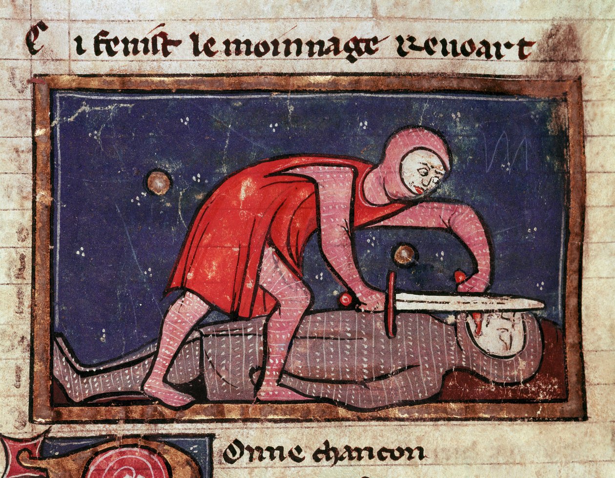 V. Poitiers-i Vilmos, akit Nagynak hívnak (960-1030) megvágja ellenségének, II. Marche-i Boson grófnak (988-1008) a nyelvét 1008-ban Miniatűr a „Willimos moinage”-ból” (ms. 1025) 13. századi Milánó, Biblioteca Trivulziana alkotó: Unknown artist
