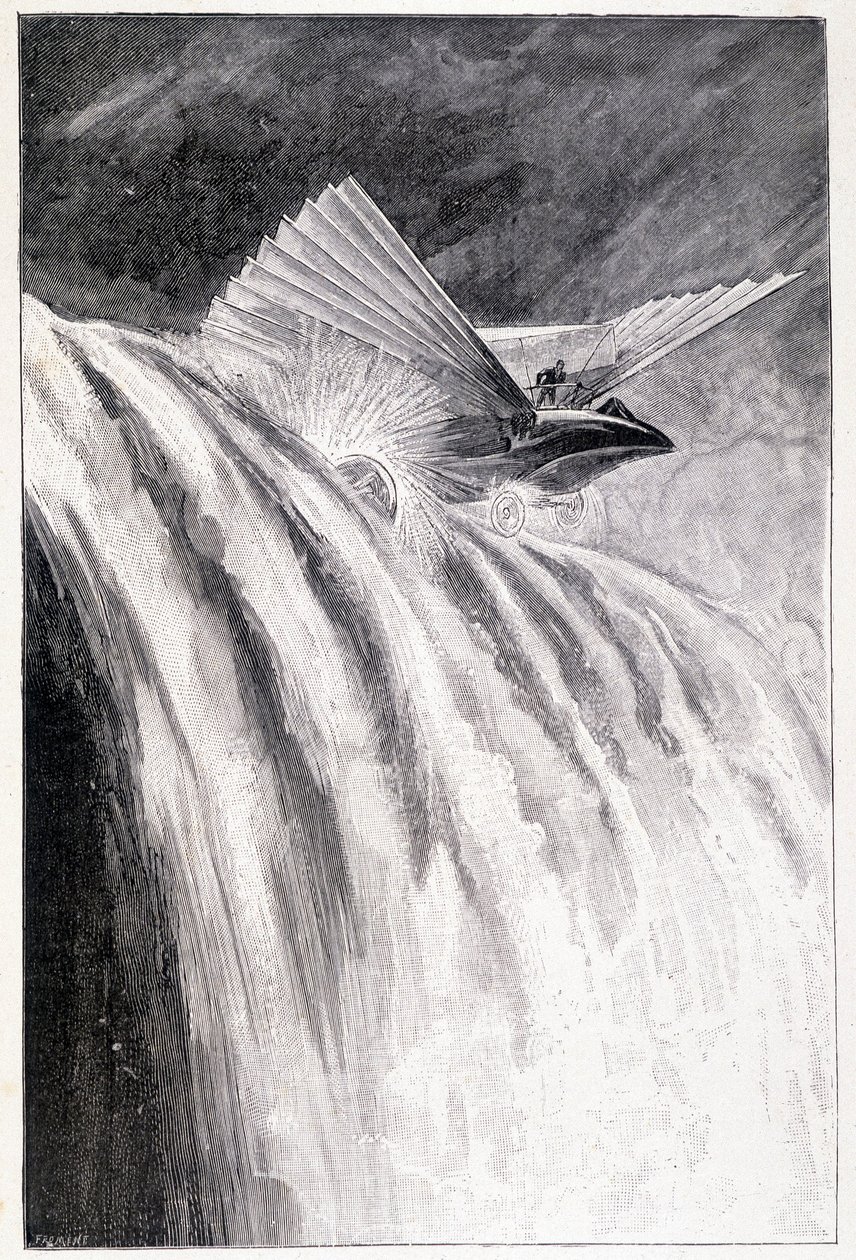 Szárnyas jármű vízesésen át, ill. „A világ mestere”, Jules Verne, 19. század vége. alkotó: Unknown artist