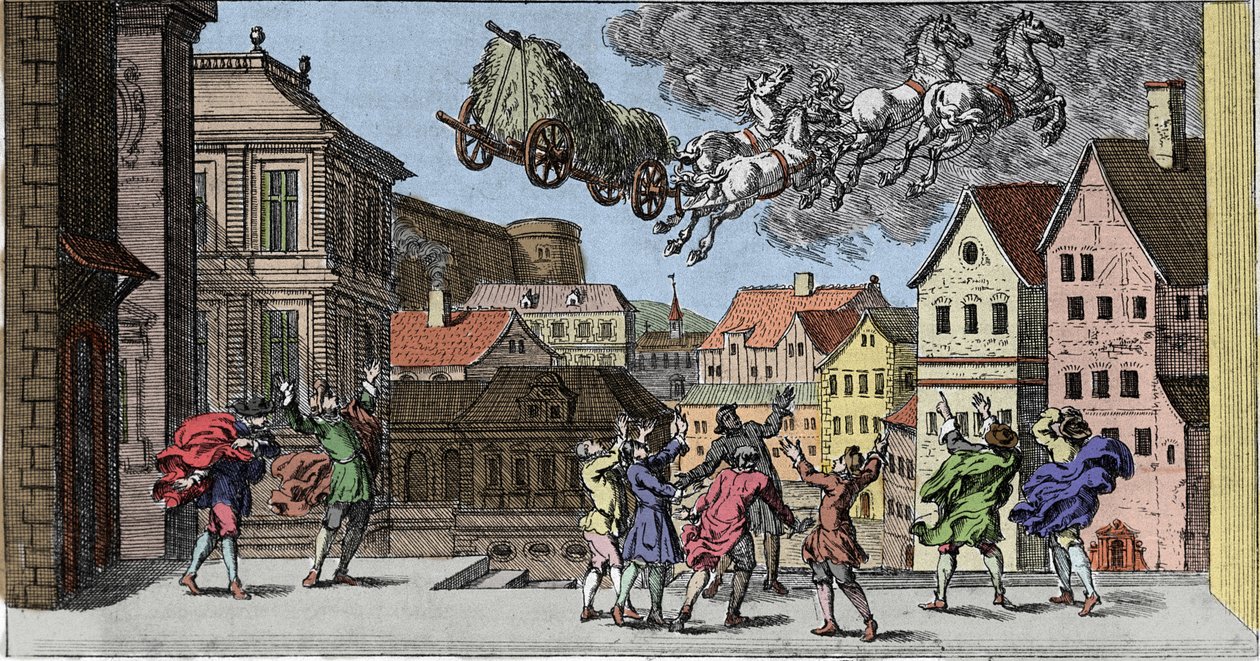 Boszorkányság és hiedelmek: egy skandináv bűvész, aki olyan erős tempetát provokál, hogy felemeli a lovat és a szénával megrakott szekerét. Metszet Johann Zahn (1631-1707) „Mundi Mirabilis Oeconomia”-ból alkotó: Unknown artist