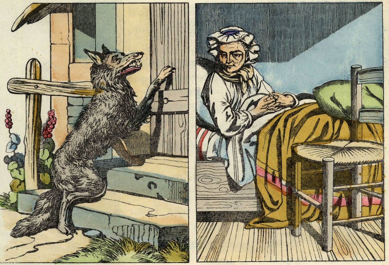 Farkas kopogtat a nagymama ajtaján. Illusztráció Charles Perrault „A Piroska” című meséjéről alkotó: Unknown artist