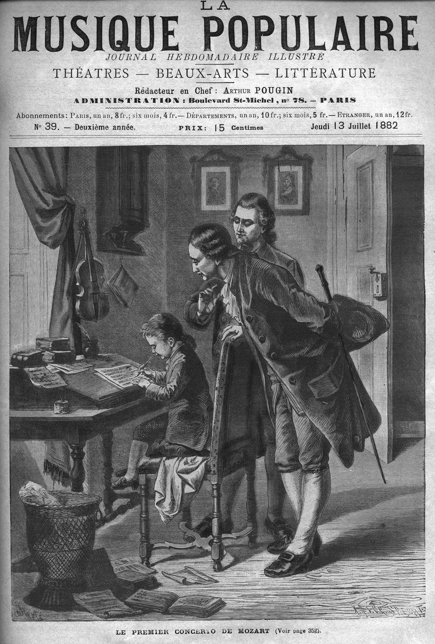 Wolfang Amadeus Mozart versenyművet ír csembalóra apja Leopold és Andreas Schachtner jelenlétében 1762-ben - metszet a „popular Music”” illusztrált hetilapba - 1882 alkotó: Unknown artist