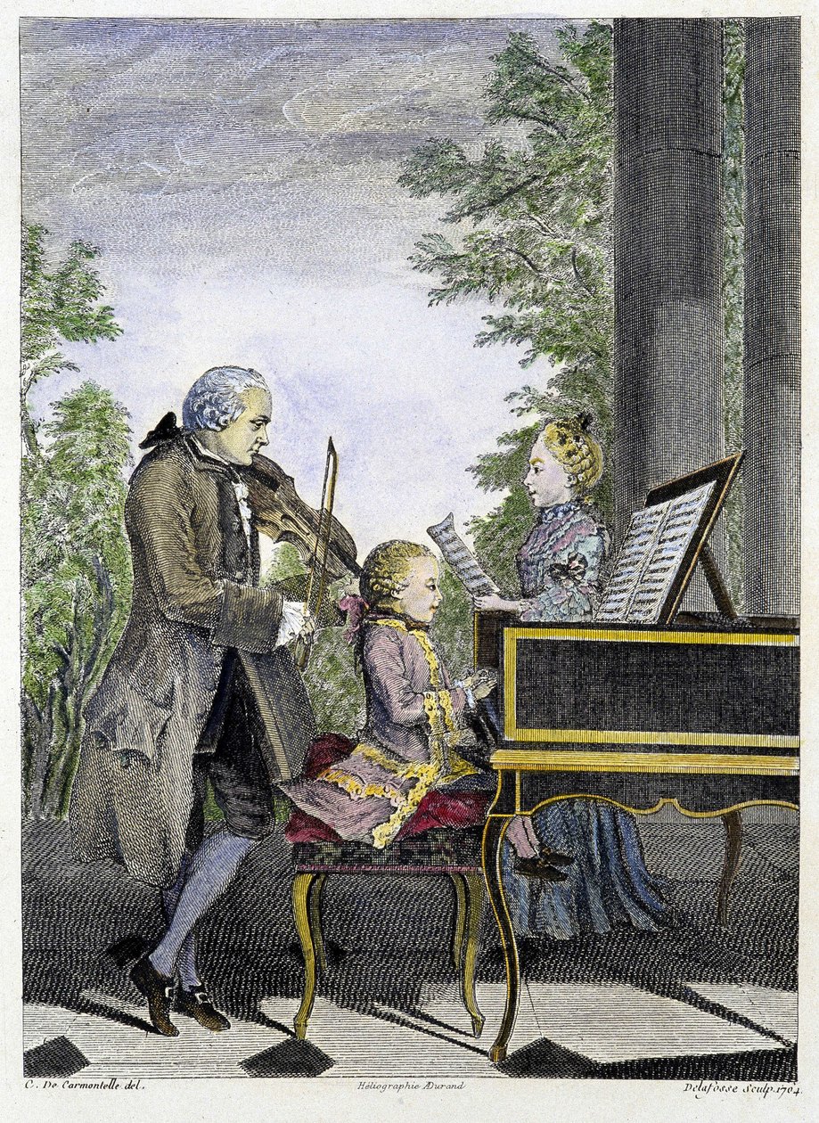 Wolfgang Amadeus Mozart gyermek zongorán, körülötte apja Leopold hegedűn és nővére, Marianne énekel - metszet alkotó: Unknown artist