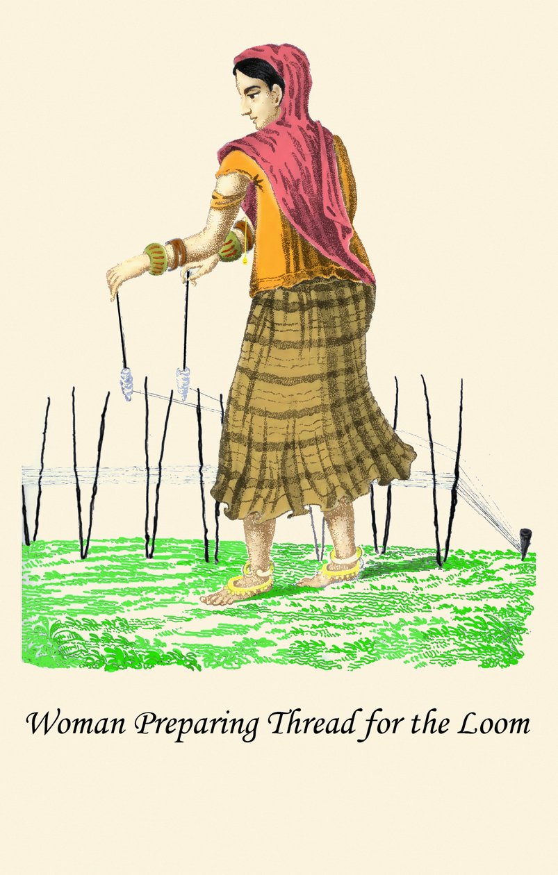 Nő előkészíti a fonalat a szövőszékhez alkotó: Unknown Artist