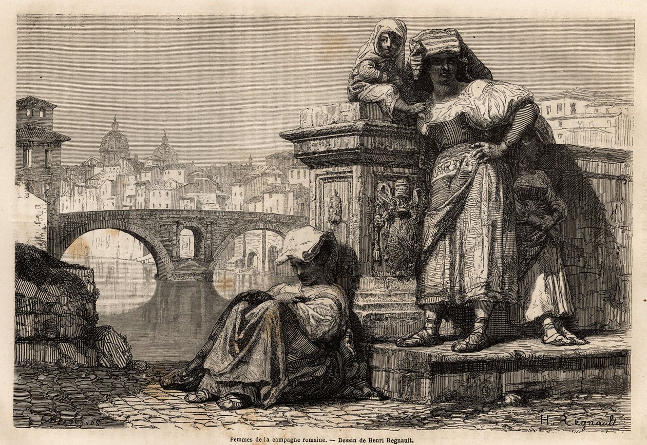 A római vidék asszonyai és gyermekei nyugalomban a Tiberis peremén, a horizont mögött: a vatikáni Szent Péter-bazilika kupolái. Francis Wey 1864-1868-as római utazását illusztráló metszete, megjelent a „Le tour du monde, no. alkotó: Unknown artist