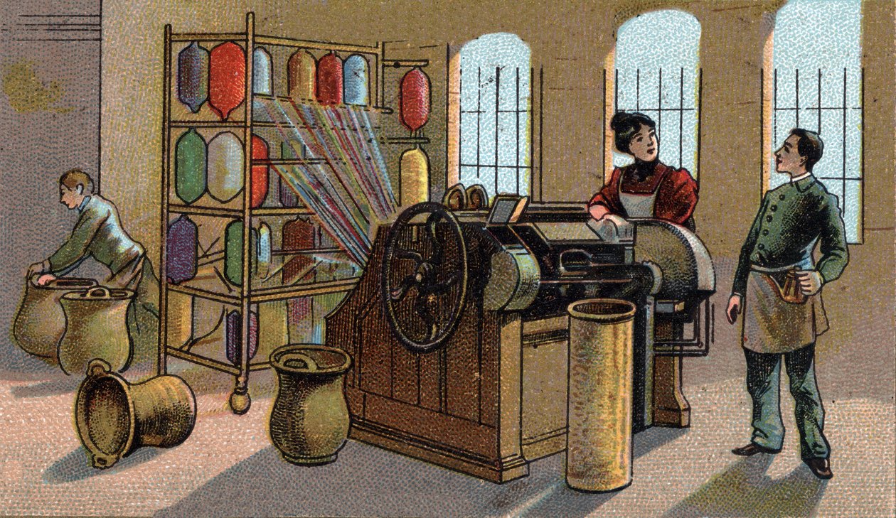 Gyapjúipar, fésülés. A 19. század végének kromolitográfiája alkotó: Unknown artist