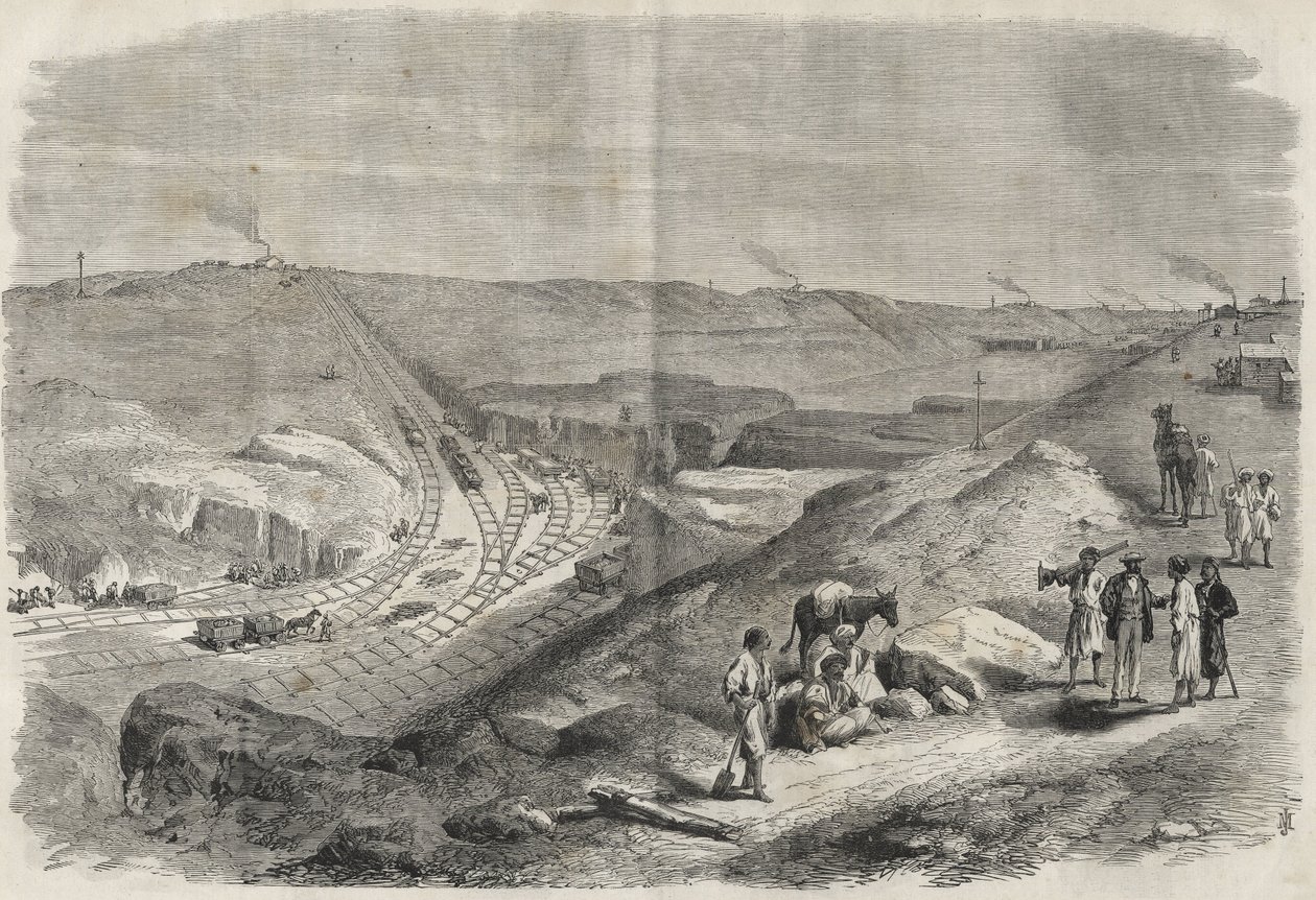 Munka a Szuezi-csatornán 1864 - Építési terület és fúrási munkák a Szuezi-csatornán 1864-ben (Chaluf Tranchee) - alkotó: Unknown artist