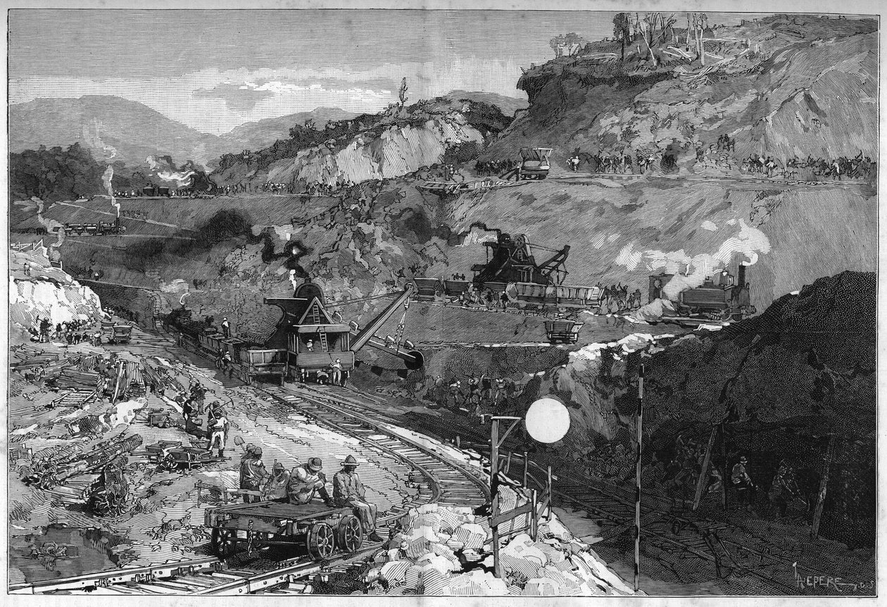 Munkavállaló az alsó-obispói (Bas Opispo) árokásás területén a Panama-csatorna építéséhez. Metszet a „” Le Monde Illustré”-ben alkotó: Unknown artist
