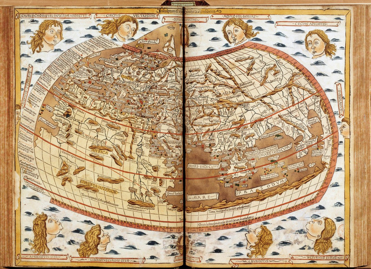 Claude Ptolemee világtérképe. A levegőt fújó emberi fejek a különböző szeleket jelképezik (amelyeknek a neve fel van tüntetve). In „” Latin Geographia. Beatissimo Patri Paulo Secundo Pontifici Maximo. Donis Nicolaus”. Pál pápának szentelt földrajzi kézirat alkotó: Unknown artist