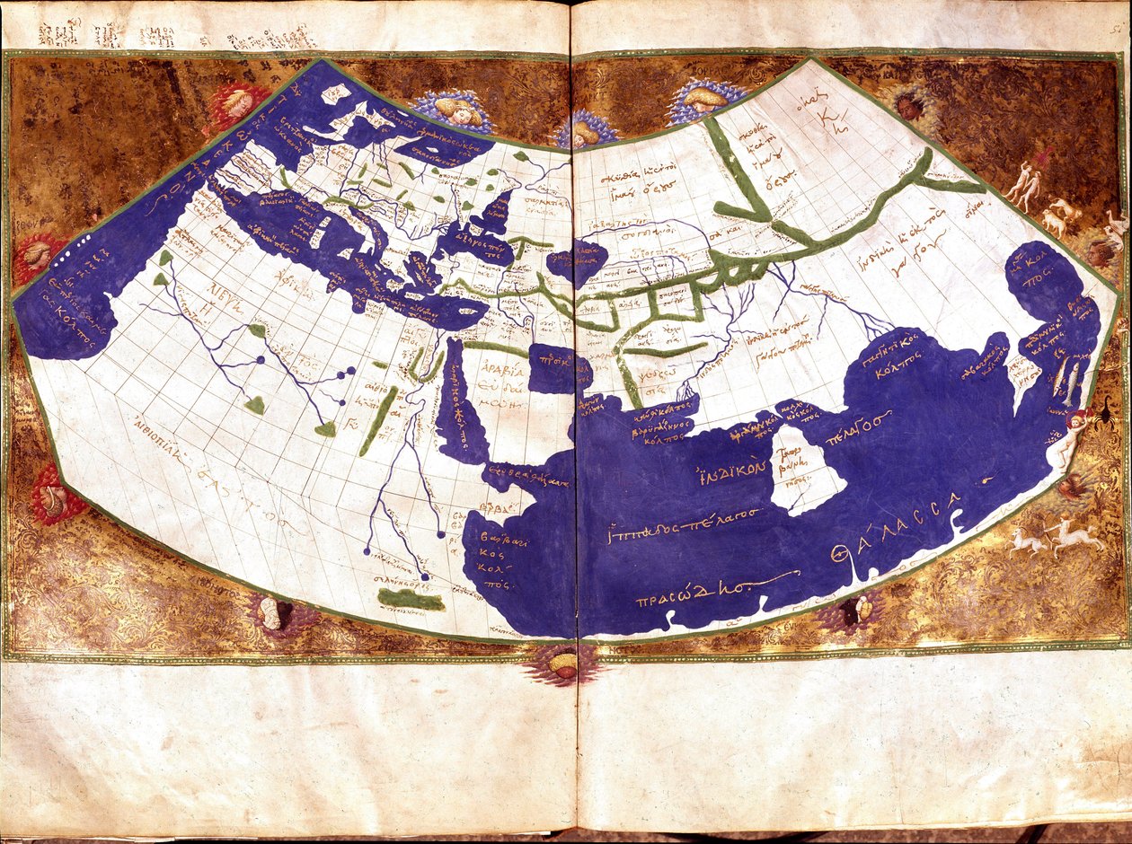 Claudius Ptolemaeus (Claude Ptolemee, 90-168 ap JC), görög csillagász és asztrológus világtérképe - A lapos Föld ábrázolása az északi és déli pólus és az amerikai nélkül Tartalmazza - 15. századi kézirat - Velence, Biblioteca Marciana alkotó: Unknown artist