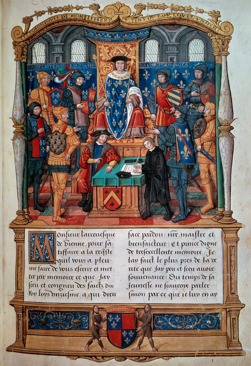 Életrajz írása: „” Philippe de Comines (Comynes vagy Comines) (1447-1511) diktálja emlékeit XI. Lajos előtt”” Miniatűr a „” Memoires de Philippe de Comynes”-ból”” 1489-1498 Paris, B.N. alkotó: Unknown artist