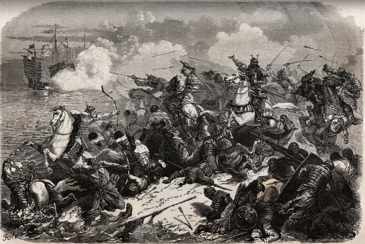 Yori Omo és egy szamuráj hadsereg 1274-ben visszaveri a mongolok invázióját Qubilai (Kubilai kán, a mongol Yuan dinasztia első császára (1215-1294) vezetésével), de a tájfunok (kami kaze: az istenek szele) visszaverik és felborítják a mongolokat. flotta, m alkotó: Unknown artist