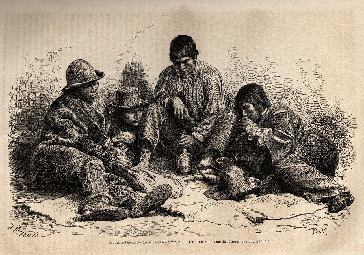 Fiatal indiánok Cerro de Pascóból (Peru középső része) gyűlnek össze reggelire. A Les iles Chincha illusztrálására szolgáló metszet, L. Simonin rektora, 1860-ban, megjelent a „Le tour du monde, nouveau Journal des voyages” című folyóiratban, szerkesztette  alkotó: Unknown artist