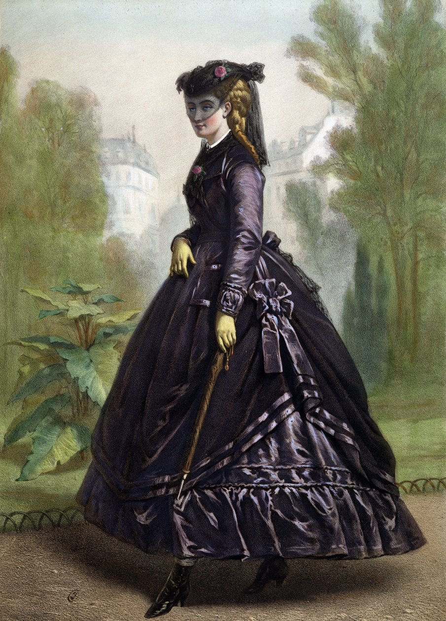 Fiatal nő szigorú és sötét ruhában (özvegy) - litográfia, 19. század közepe alkotó: Unknown artist
