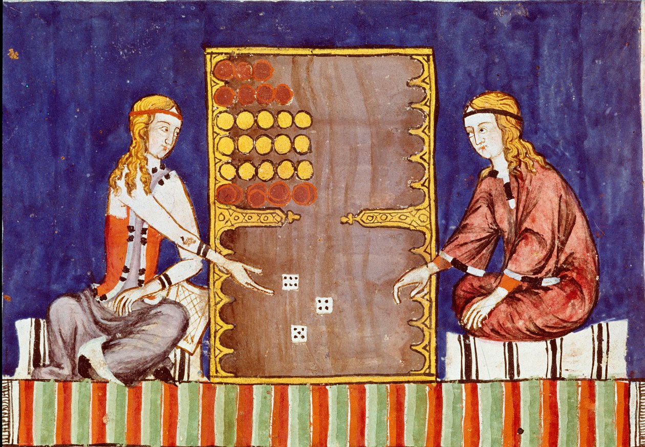 Fiatal nők, akik tric trac-ot (tri-trac) játszanak, Backgammon őse - Miniatűr Alphonse X, the Wise or the Savant „Libro de los juegos” kéziratából (spanyolul Alfonso X el Sabio alkotó: Unknown artist
