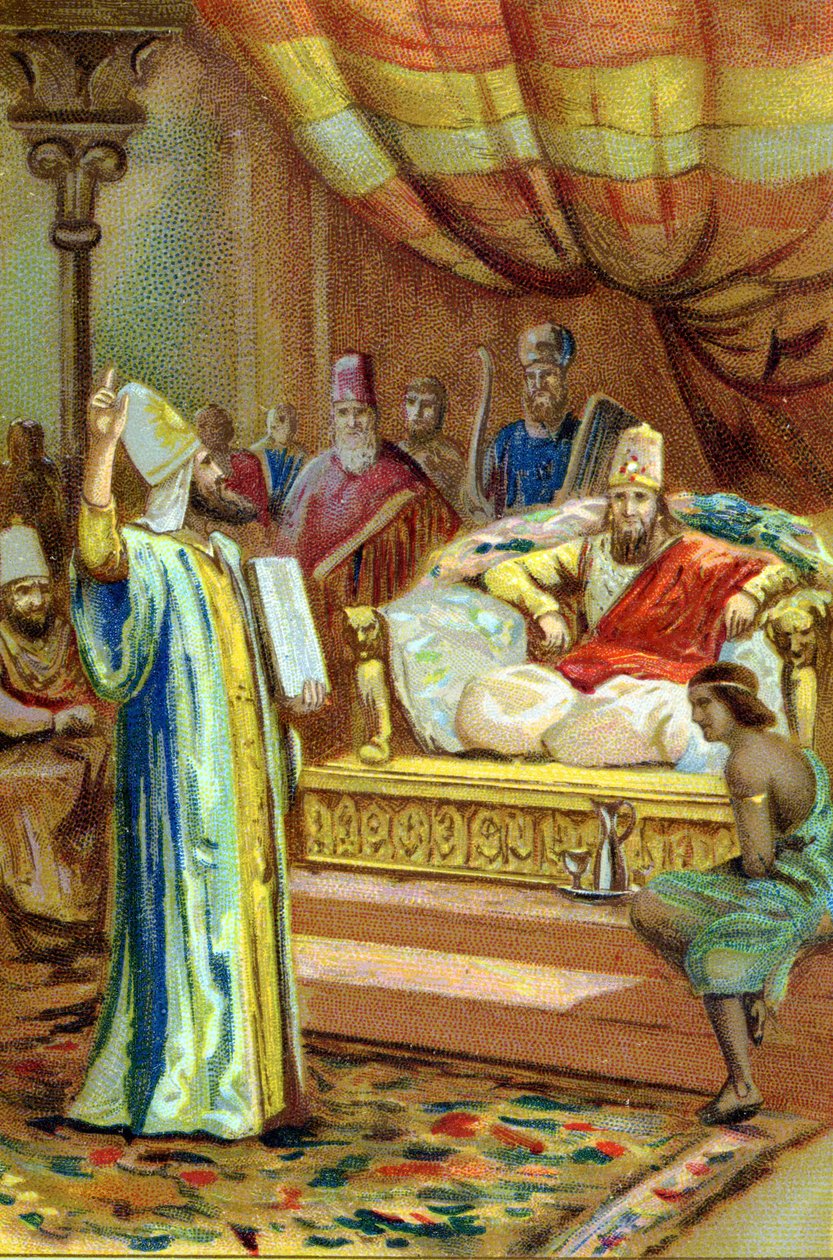 Zarathustra (Zarathustra, Zarathushtra, Zarathustra vagy zoroasztriánus), iráni próféta és vallási reformátor (Kr. e. 6. század) Bactres királyának udvarában. századi kromolitográfia. alkotó: Unknown artist