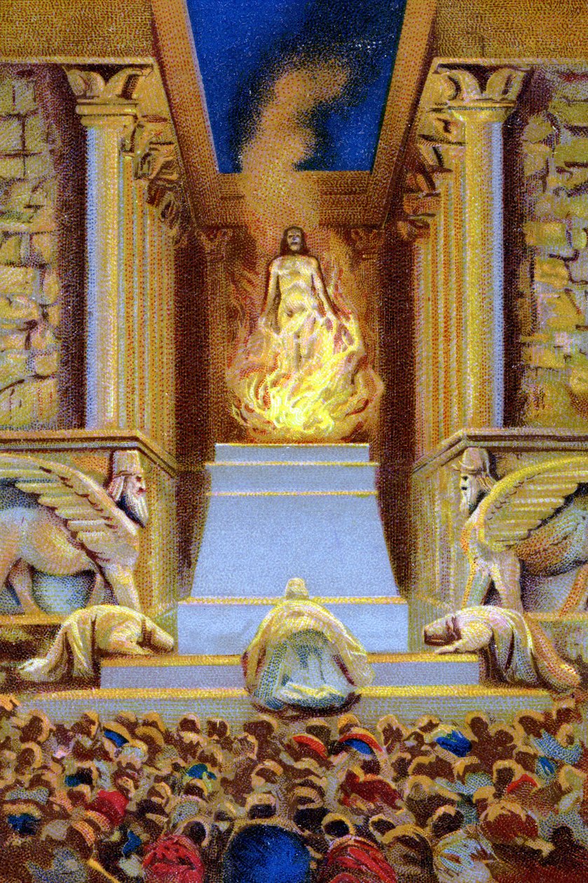 Zarathustra (Zarathustra, Zarathushtra, Zarathustra vagy Zoroaster) meghalt a lánggal körülvett templomban. századi kromolitográfia. alkotó: Unknown artist