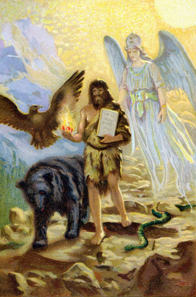 Zarathustra (Zarathustra, Zarathustra, Zarathustra vagy Zoroastra), az arkangyal vezetésével, és olyan állatok kíséretében, amelyek kísérőként tartják őt a hegyen való visszavonulása során, leereszkedik az emberek közé, hogy vigye az Ahura Mazda által kapo alkotó: Unknown artist