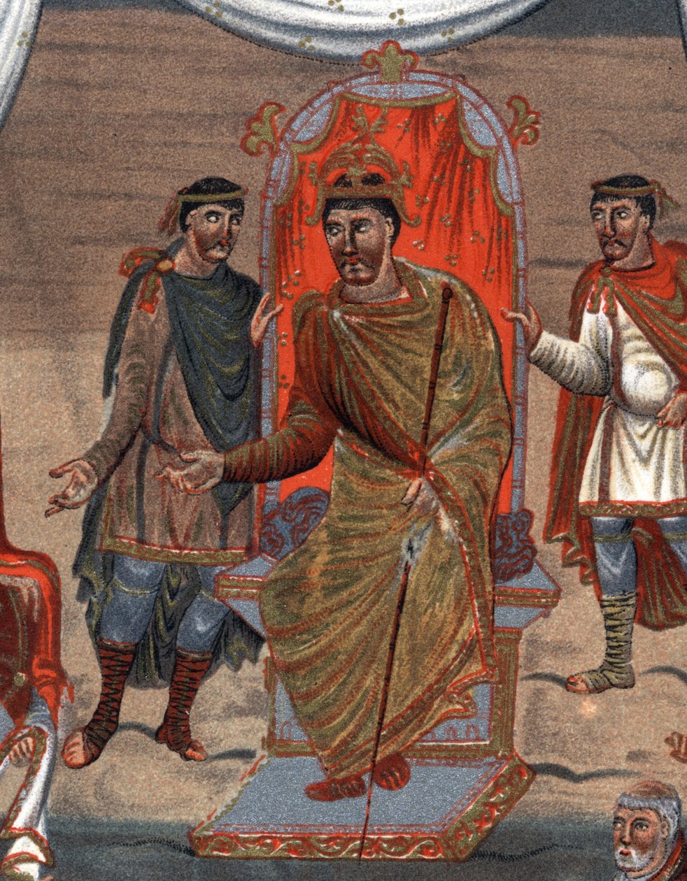 részletek: II. Kopasz Károly (823 - 877), Franciaország királya szerzetesek küldöttségét fogadta Toursból.Fac-Simile a 19. századi kromolitográfiában a B.N.-ben őrzött X. századi miniatűr után. Párizsból. alkotó: Unknown artist