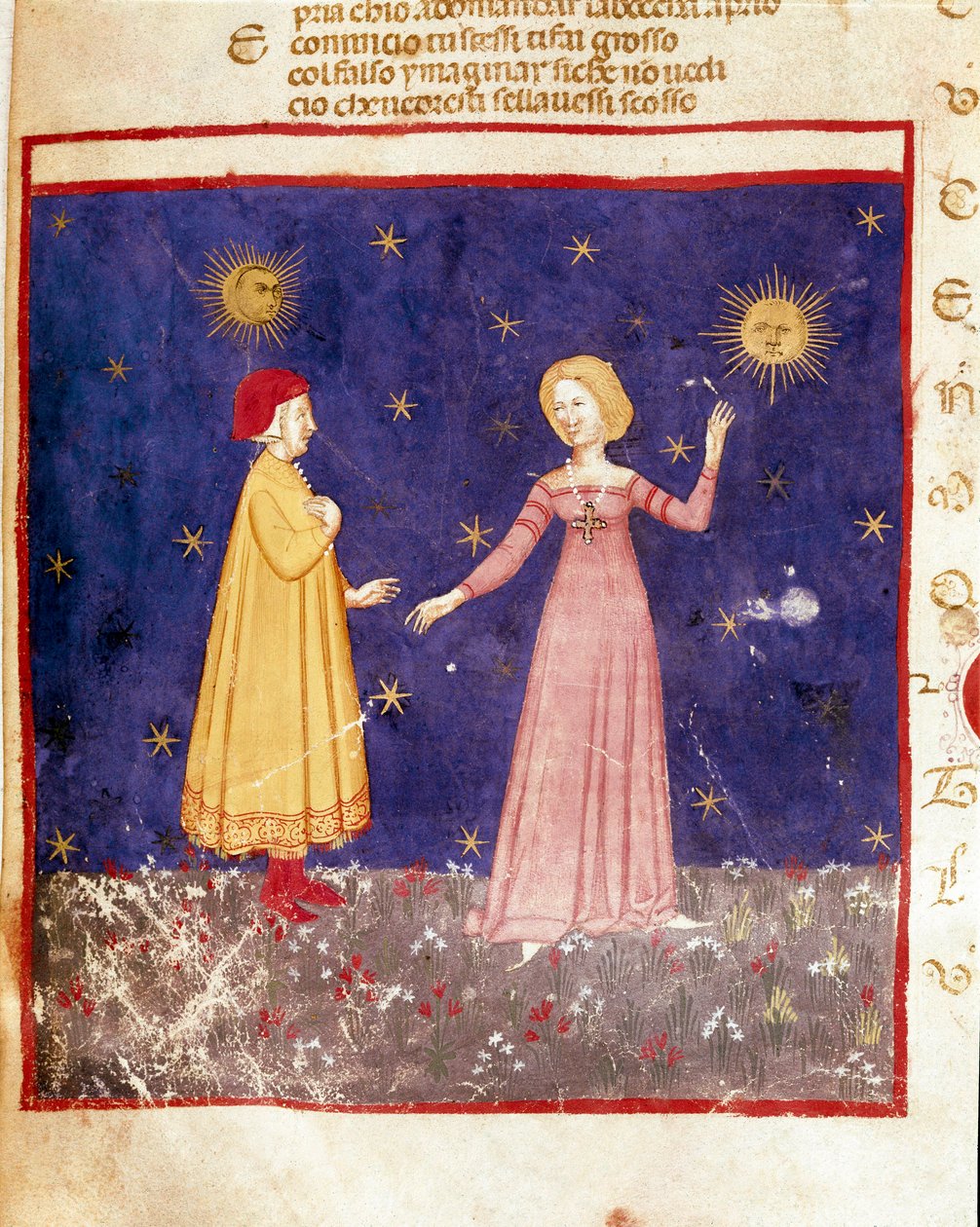 első mennyország: Dante találkozik Beatrice-vel a Paradicsomban. Megvilágított oldal, amely a Paradicsom dalát illusztrálja Dante Alighieri (1265-1321) „Divina Commedia” című művéből. 14. század, Velence, Biblioteca Marciana alkotó: Unknown artist