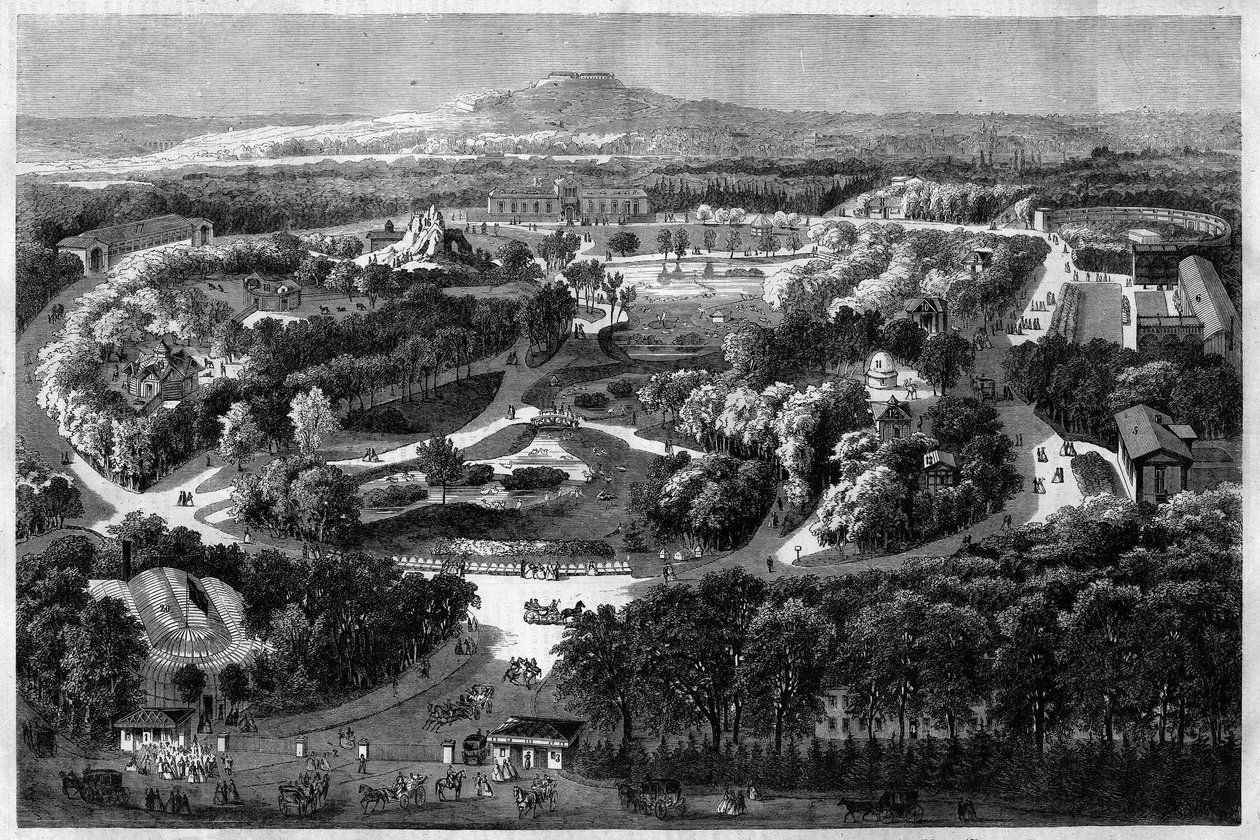 a III. Napóleon által 1860-ban felajánlott és felavatott Bois de Boulogne-hoz való akklimatizációs kert általános képe, amely a természetet, a buja növényvilágot és az egzotikus állatokat ötvözi az „” l