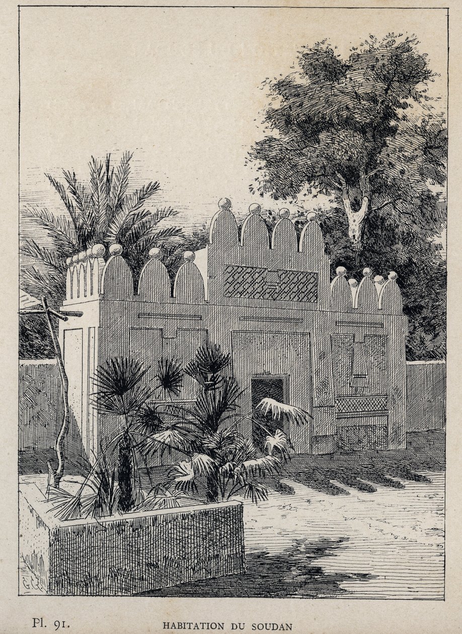 habitation du Sudan (Szudán) - 1889-es metszet az „Emberi lakhatás története az 1889-es egyetemes kiállításon, Charles GARNIER úr – Librairie centrale des beaux-arts Paris 1889 című könyvében alkotó: Unknown artist