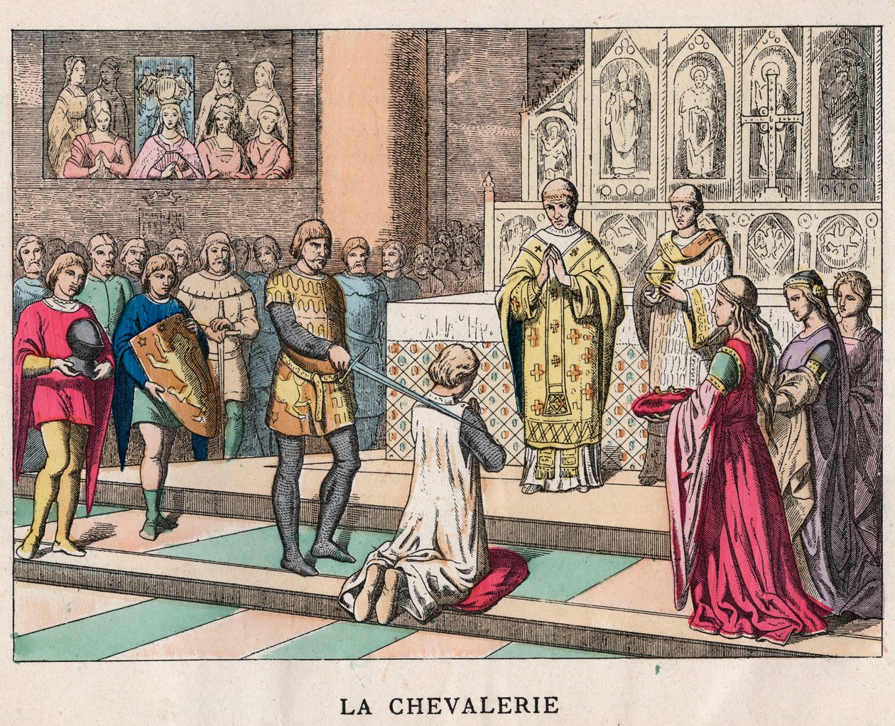 lovaggá ütés - La Chivalerie - Egy lovag megpuhulása - 19. század végi metszet a „” Nos Gires Nationales - Képek és reciták” c. alkotó: Unknown artist