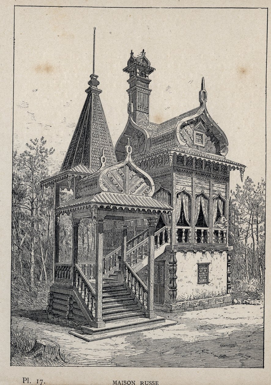 Orosz ház – Orosz ház – 1889-es metszet az „Emberi lakhatás története az 1889-es egyetemes kiállításon, Charles GARNIER úr – Librairie centrale des beaux-arts Paris 1889 című könyvében alkotó: Unknown artist