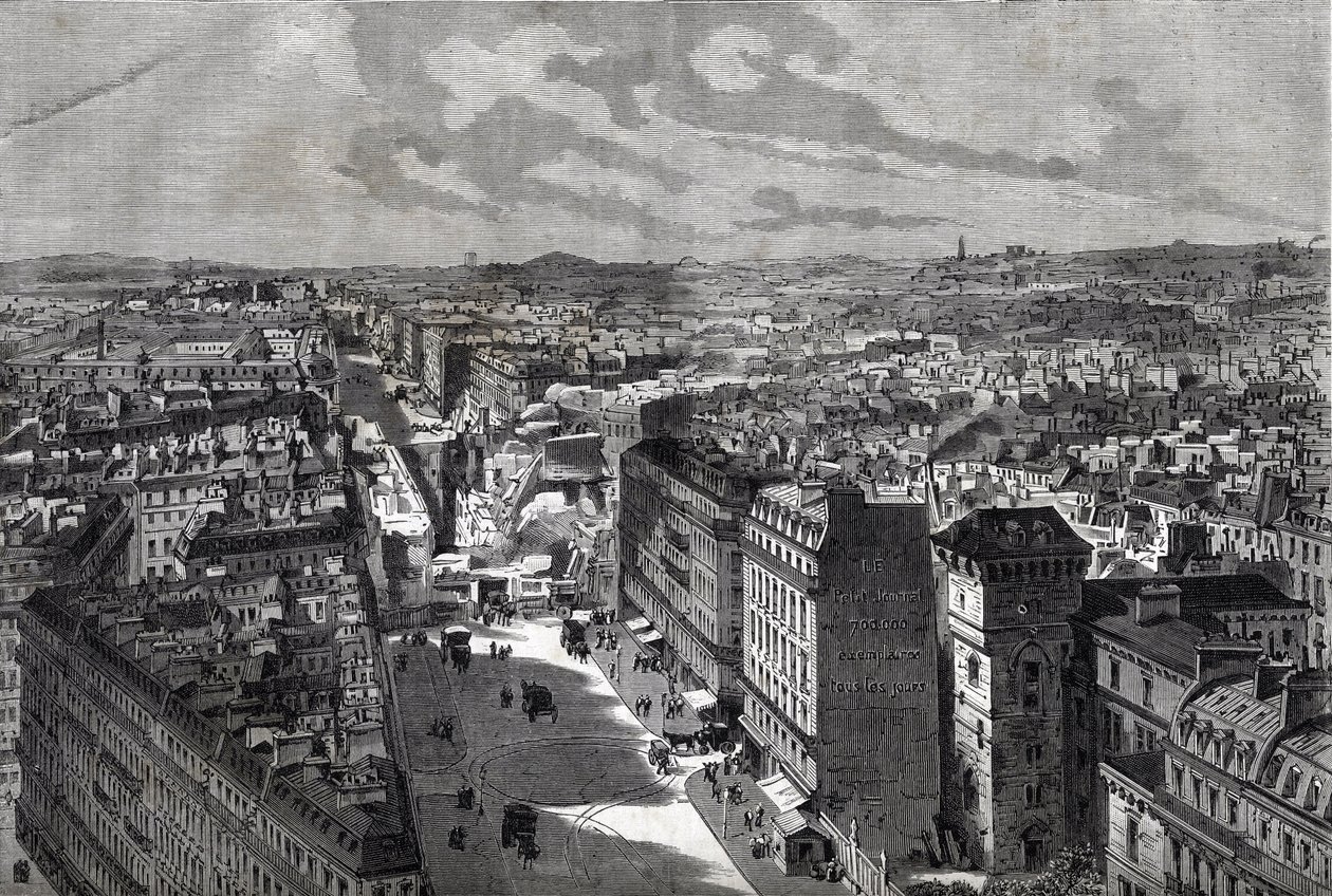 Haussman nagy művei - Párizs átalakulásai a második birodalom alatt, Paris Haussmannien (Boulevard, Haussmannien művek) - Le piercing de rue Etienne Marcel - a rue Turbigotól a Place des Victoiresig - metszet a „Le journal illustrious”-ban, 1. alkotó: Unknown artist